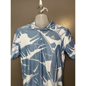 Adidas Polo Shirt Mens Small Blue Tropical Leaf Print Golf Mesh Performance